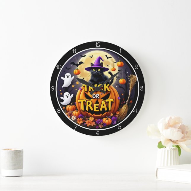 Reloj Redondo Grande Gato de Halloween 'Truco o trato' (Hogar)