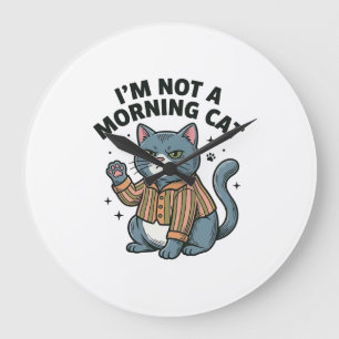 Reloj Redondo Grande Gato de la mañana Grabado Vintage Camiseta de gato