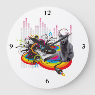 Reloj Redondo Grande Gato de la música de DJ Pumpin de la placa