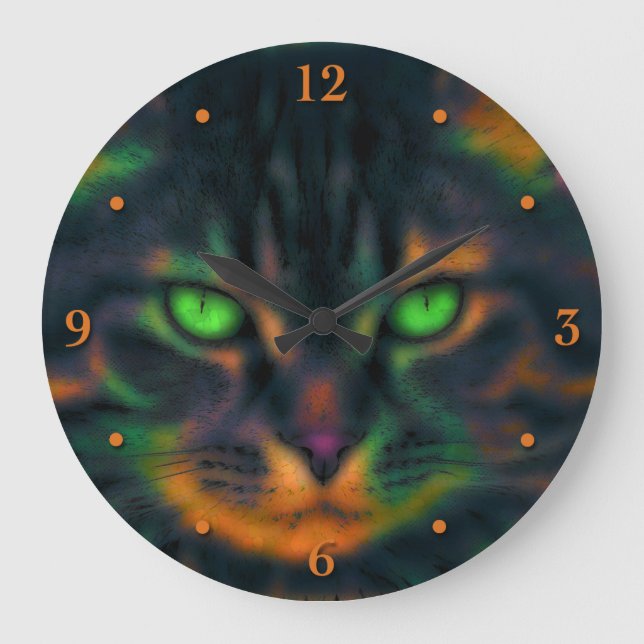 Reloj Redondo Grande Gato de Mascota de arte pop verde oscuro (Anverso)