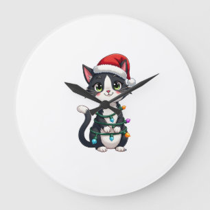 Reloj Redondo Grande Gato de Navidad Esmoquin gato negro luces de navid