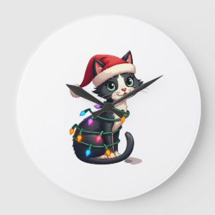 Reloj Redondo Grande Gato de Navidad Esmoquin gato negro luces de Navid