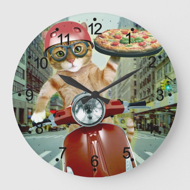 Reloj Redondo Grande Gato de pizza - gatito - entrega de pizza (Anverso)