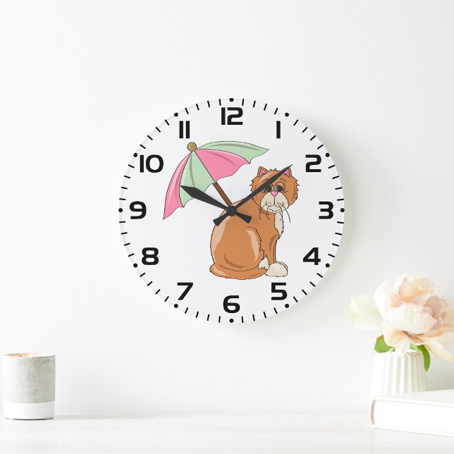 Reloj Redondo Grande Gato de playa con paraguas rosado y verde (Subido por el creador)