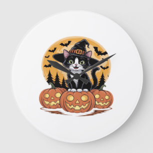Reloj Redondo Grande Gato Esmoquin Bruja de Halloween Calabazas Lindas 
