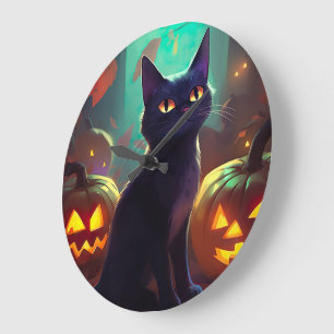 Reloj Redondo Grande Gato Esmoquin de Halloween con Calabazas Espeluzna