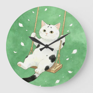 Reloj Redondo Grande Gato esmoquin en columpio Amante de los gatos