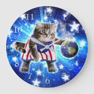 Reloj Redondo Grande Gato espacial jugando al baloncesto
