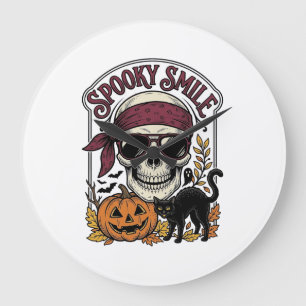 Reloj Redondo Grande Gato Esqueleto de Halloween Gráfico de Calabaza Vi