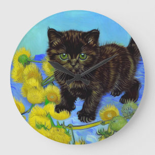 Reloj Redondo Grande Gato estilo Van Gogh con girasoles