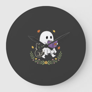 Reloj Redondo Grande Gato Fantasma de Halloween Leyendo Libro Diseño Fl