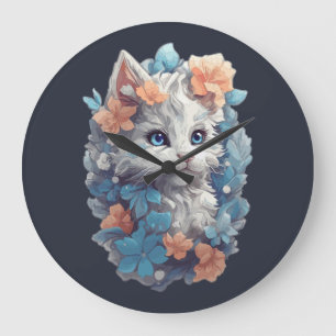 Reloj Redondo Grande Gato gatito gatito blanco floral