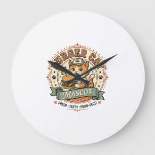 Reloj Redondo Grande Gato Hamburguesa Mascota Gato Comida Rápida Mascot
