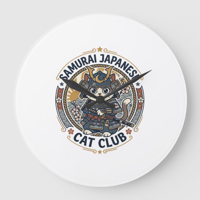Reloj Redondo Grande Gato Japonés Samurái Arte Vectorial POD - Samurái  (Anverso)