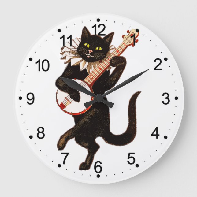 Reloj Redondo Grande Gato jugando banjo (Anverso)