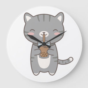 Reloj Redondo Grande Gato Kawaii Boba Té con Leche Gatito Gris Tabby Li