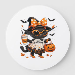 Reloj Redondo Grande Gato Kawaii de Halloween � Gato Bruja con Calabaza