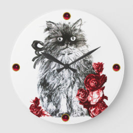 Reloj Redondo Grande GATO KITTY, KITTEN CON ROSAS ROJAS, Blanco Negro