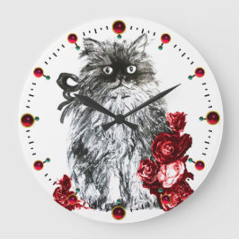 Reloj Redondo Grande GATO KITTY, KITTEN CON ROSAS ROJAS, Blanco Negro