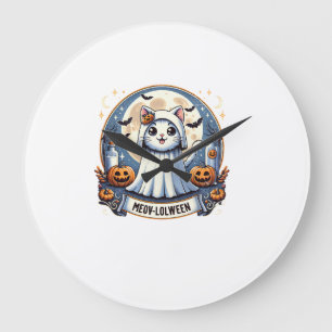 Reloj Redondo Grande Gato lindo de Meow-lolween con disfraz de fantasma
