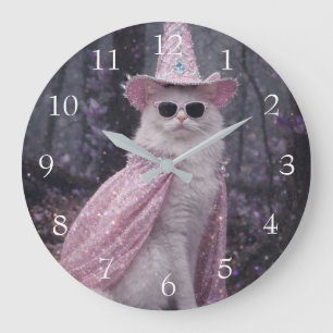 Reloj Redondo Grande Gato Mago Mágico con Capa y Sombrero Rosa Brillant