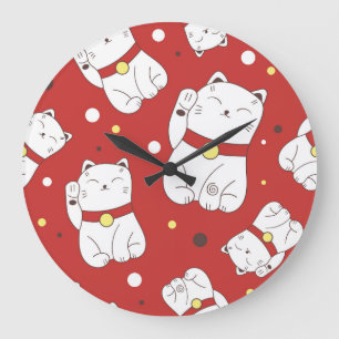 Reloj Redondo Grande Gato Maneki-Neko, patrón de doodle japonés.