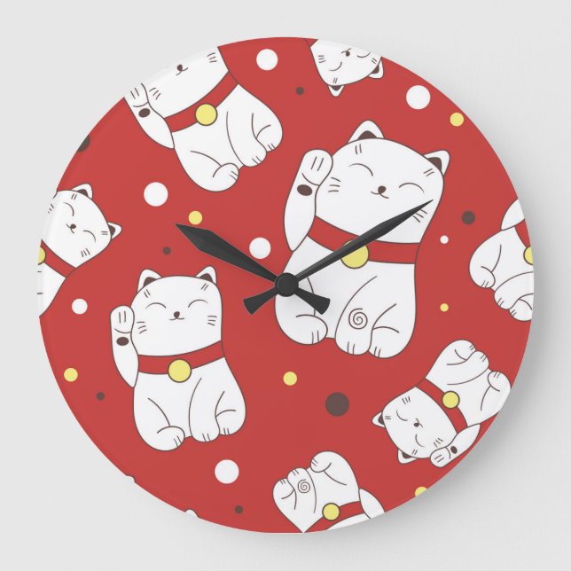 Reloj Redondo Grande Gato Maneki-Neko, patrón de doodle japonés. (Anverso)