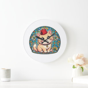 Reloj Redondo Grande Gato marroquí Kawaii lindo con sombrero Fez Tarbou