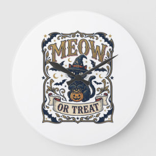 Reloj Redondo Grande Gato Miau o Truco Halloween Gato Espeluznante Vint