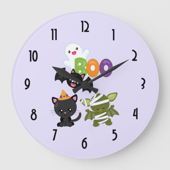 Reloj Redondo Grande Gato, murciélago, momia y fantasma de Halloween (Anverso)