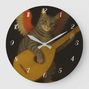 Reloj Redondo Grande Gato músico alado tocando el laúd Arte