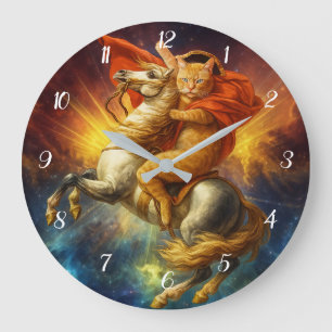 Reloj Redondo Grande Gato Napoleón montando a caballo por la galaxia