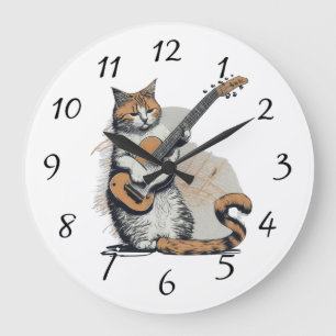 Reloj Redondo Grande Gato naranja genial tocando la guitarra