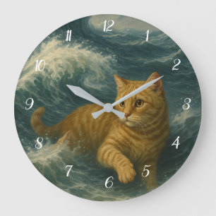 Reloj Redondo Grande Gato Naranja Valiente Montando Olas del Océano