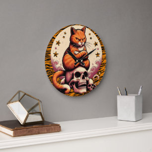 Reloj Redondo Grande Gato Naranja Vengativo, Calaveras y Luna