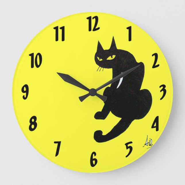 Reloj Redondo Grande GATO NEGRO amarillo (Anverso)