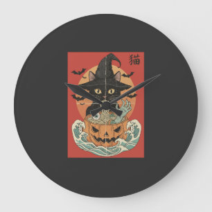 Reloj Redondo Grande Gato negro come ramen japonés para Halloween