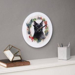Reloj Redondo Grande Gato Negro Corona de Navidad Gatito Festivo
