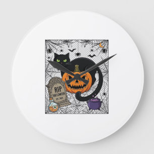 Reloj Redondo Grande Gato negro de Halloween calabaza lápida caldero Ri