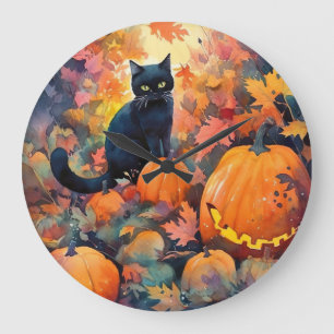 Reloj Redondo Grande Gato negro de Halloween con calabazas espantadas r
