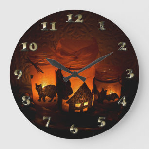 Reloj Redondo Grande Gato negro de Halloween con luminarias y murciélag