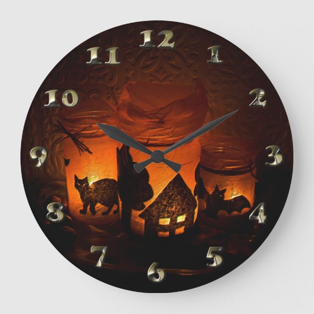 Reloj Redondo Grande Gato negro de Halloween con luminarias y murciélag (Anverso)