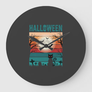 Reloj Redondo Grande Gato Negro De Halloween Luna Cementerio Retro Vect