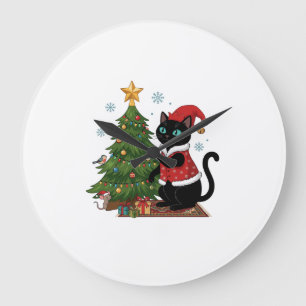 Reloj Redondo Grande Gato Negro de Navidad Sombrero de Santa Claus Árbo