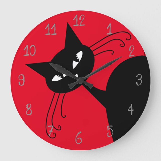 Reloj Redondo Grande Gato negro divertido peculiar felino (Anverso)