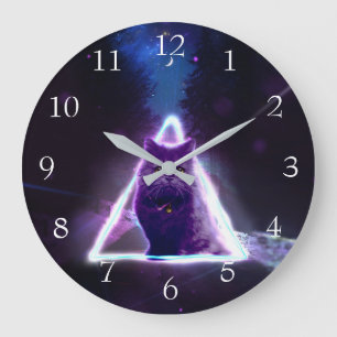 Reloj Redondo Grande Gato negro en triángulo hipster de neón azul