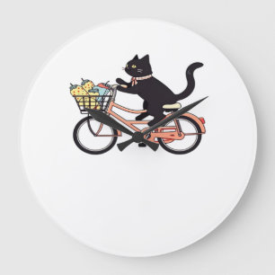 Reloj Redondo Grande Gato Negro en una Bicicleta Arte de Gato Negro Ca