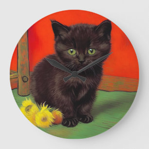 Reloj Redondo Grande Gato negro estilo Van Gogh