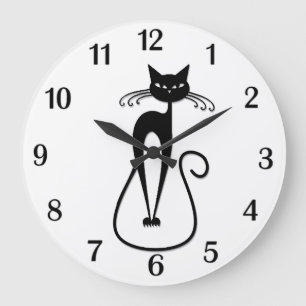 Reloj Redondo Grande Gato negro flaco caprichoso números negros