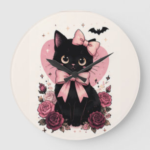 Reloj Redondo Grande Gato negro floral de rosa con lazo rosa